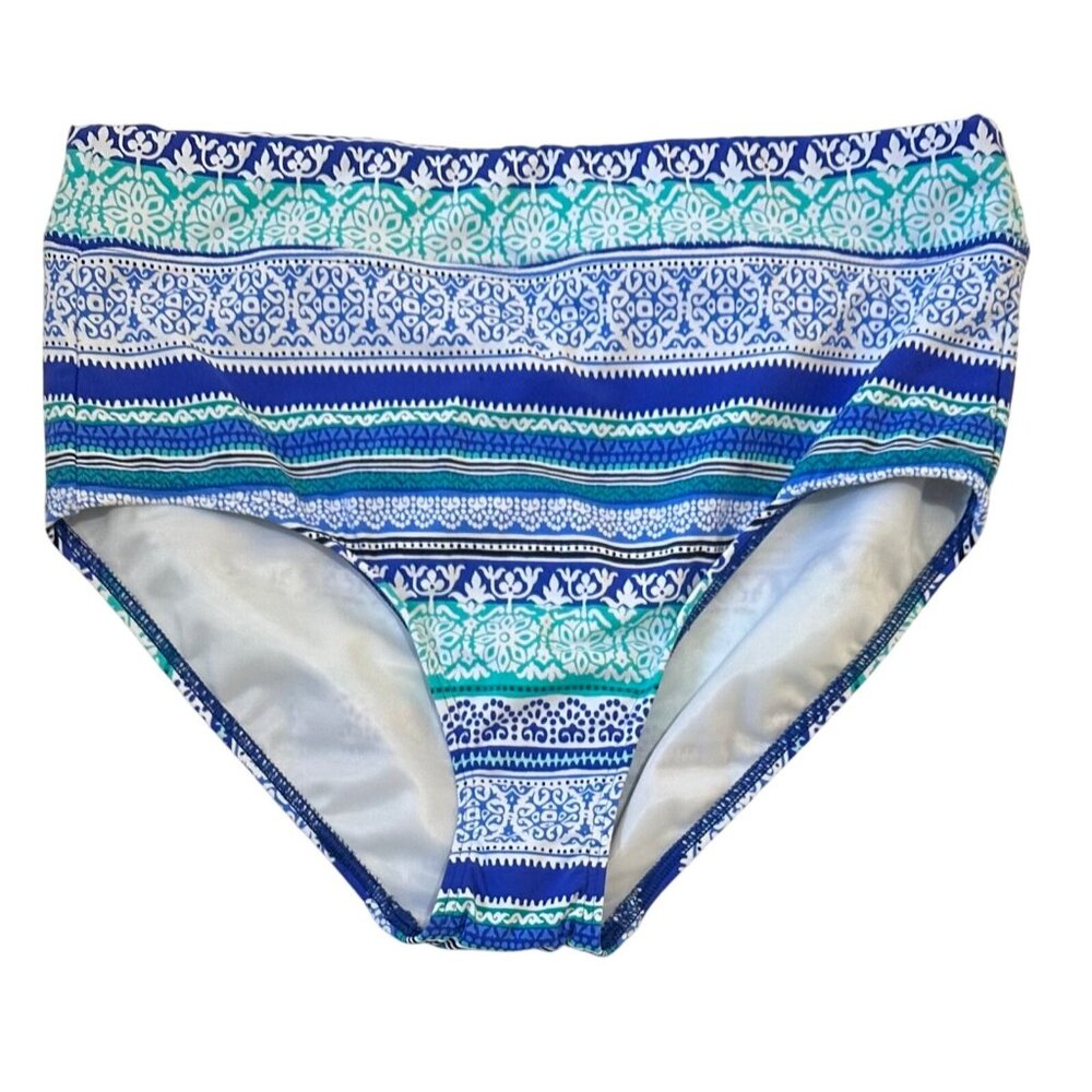 Lands End New Womens High-Waist Bikini Bottom Blue White Green Size 10